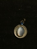 Round 11mm Textured Signed Designer Sterling Silver Pendant w/ Oval Cat's Eye Cabochon Center &