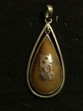 Teardrop Shaped 25x13mm Agate Cabochon Center w/ Old Pawn Mexico Tribal Design Sterling Silver