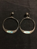 Round 40mm Diameter Hand-Engraved Turquoise Inlaid Pair of Old Pawn Native American Sterling Silver