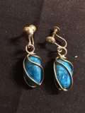 Cage Enclosed Oval Tumbled Turquoise Design 35mm Long Old Pawn Native American Pair of Sterling