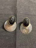 Oval 14x10mm Onyx Cabochon Featured 25mm Long Pair of Sterling Silver Earrings