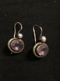 Rope Frame Detail Oval Faceted 10x8mm Amethyst Center w/ Round Pearl Accent Signed Designer Pair of