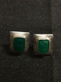 Rectangular 14x12mm Pair of Mexican Made Sterling Silver Signed Designer Earrings w/ Green Onyx