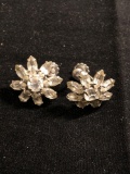 Floral Design w/ Marquise Faceted Rhinestone Petals & Round Center 15mm Diameter Pair of Sterling