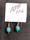 Rope Detail Framed Oval 10x8mm Turquoise Cabochon Old Pawn Native American Pair of Sterling Silver