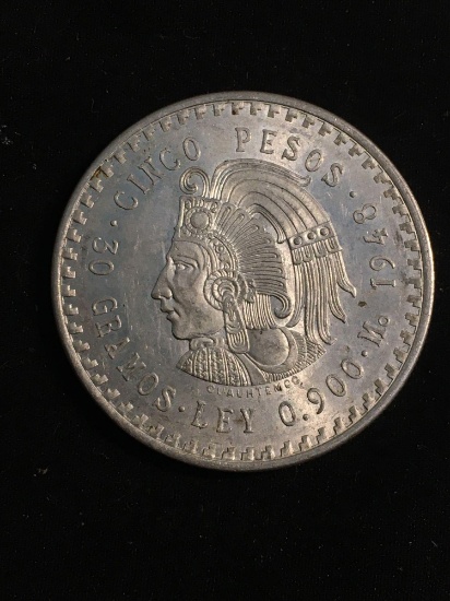 1948 Mexican 90% Silver Large Cinco Pesos Coin - 30 Grams