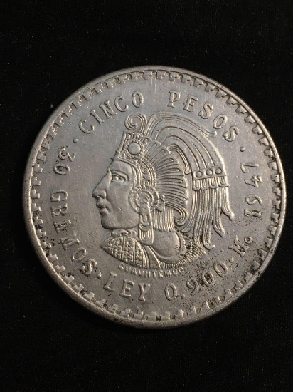 1947 Mexican 90% Silver Large Cinco Pesos Coin - 30 Grams