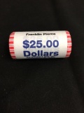 United States Mint $25 Face Value Presidential Dollar UNCIRCULATED Bank Roll - FRANKLIN PIERCE