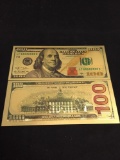 2 Count Lot of Gold Foil Franklin $100 Bill Notes from Collection