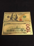 2 Count Lot of Gold Foil Franklin $100 Bill Notes from Collection