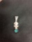 Detailed Aztec Mayan Design 20mm Long 8mm Wide Sterling Silver Pendant w/ Half Moon Turquoise