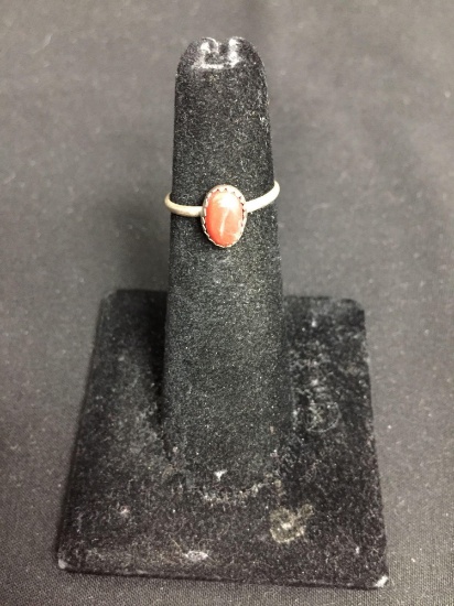 Oval 8x5mm Coral Cabochon Center Old Pawn Native American Sterling Silver Ring Band