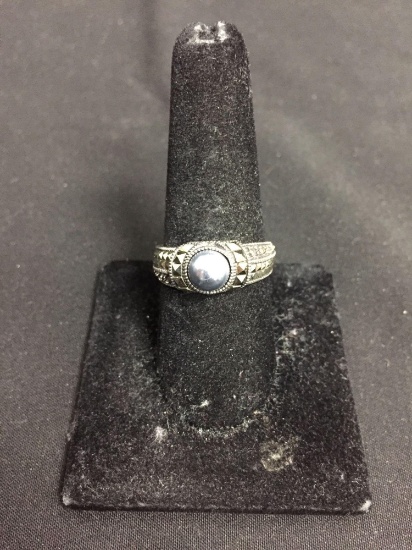 Round & Square Marcasite Accented w/ Milgrain Detail & Round Silver Faux Pearl Center 9mm Wide