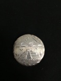 Brush Finished Laser-Carved Mayan Pyramid Motif Round 35mm Diameter Old Pawn Mexico Sterling Silver