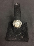 Round Faceted Champagne CZ Cluster Center Milgrain Marcasite Accented Halo Vintage 18mm Wide Tapered