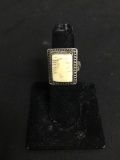 Rectangular 17x12mm Asian Hand-Carved Bone Center Filigree Decorated Old Pawn Sterling Silver Ring