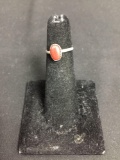 Oval 8x5mm Coral Cabochon Center Old Pawn Native American Sterling Silver Ring Band