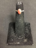 Oval 8x5mm Coral Cabochon Center Old Pawn Native American Sterling Silver Ring Band