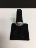 Eternity Mosaic Design w/ Broken Edge Turquoise & Coral Inlaid 9mm Wide Sterling Silver Old Pawn