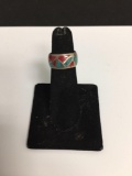 Eternity Mosaic Design w/ Broken Edge Turquoise & Coral Inlaid 9mm Wide Sterling Silver Old Pawn
