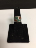 Broken Edge Turquoise & Coral Inlaid Tribal Design 14mm Wide Tapered Sterling Silver Old Pawn Native