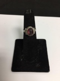 Bezel Set Oval Faceted 9x7mm Garnet Center Detailed Vintage Sterling Silver Ring Band