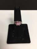 Radiant Faceted 8x6mm Pink CZ Center w/ Graduating Channel Set Pink CZ Sides Sterling Silver Ring