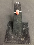 Oval 8x5mm Coral Cabochon Center Old Pawn Native American Sterling Silver Ring Band