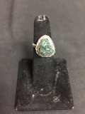 Oval 13x10mm Rough Turquoise Center Rope Framed Old Pawn Native American Sterling Silver Ring Band