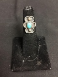 Oval 6x4mm Turquoise Center Scallop Detailed 20x15mm Halo Old Pawn Native American Sterling Silver