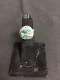 Round 13mm Diameter Rough Turquoise Center Rope Framed Old Pawn Native American Sterling Silver Ring