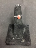 Oval 8x5mm Coral Cabochon Center Old Pawn Native American Sterling Silver Ring Band