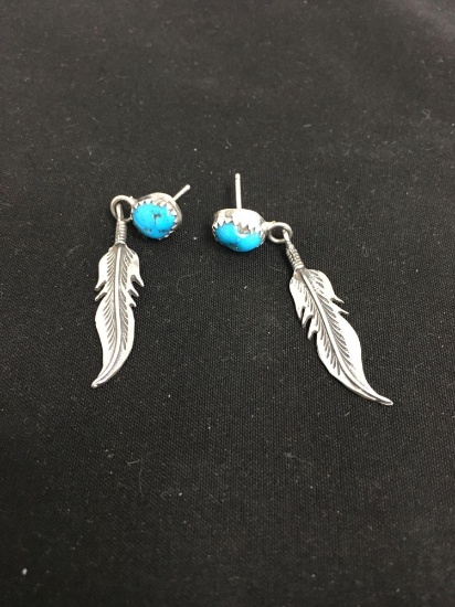 Feather Dangle Old Pawn Sterling Silver & Turquoise Earrings