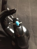 Oval 8x6mm Turquoise Cabochon Center Old Pawn Native American Sterling Silver Ring Band