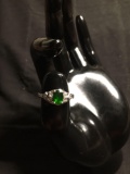 STS Designer Oval Faceted 7x5mm Tsavorite Center w/ Round CZ Sides Detailed Sterling Silver Ring