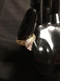 Marquise Faceted 13x6mm CZ Center w/ Round CZ Accents Detailed Gold-Tone Sterling Silver Engagement