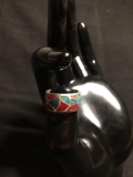 Broken Edge Turquoise & Coral Inlaid Eternity Design 9mm Wide Old Pawn Native American Sterling