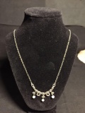 Vintage Style Milgrain Marcasite Detailed w/ Three Round 4mm Pearl Drops 16in Long Signed Designer