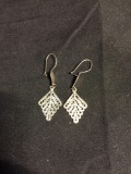 Turkish Made Diamond Shaped 35mm Long 15mm Wide Sterling Silver Lace Design Pair of Drop Earrings