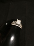 Rectangular 10x8mm Round Faceted CZ Cluster Top w/ Round & Tapered Baguette CZ Sides Sterling Silver