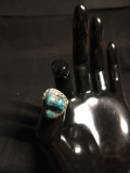 Rope Framed Oval 18x15mm Rough Turquoise Center Old Pawn Native American Sterling Silver Ring Band
