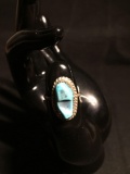 Rope Detail Framed Oval 15x8mm Rough Turquoise Center Old Pawn Native American Sterling Silver Ring