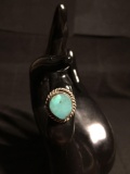 Rope Detail Framed Oval 18x16mm Polished Turquoise Center Old Pawn Native American Sterling Silver