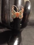 Broken Edge Turquoise & Coral Inlaid 20x18mm Butterfly Decorated Center Sterling Silver Old Pawn
