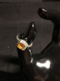 Cushion Faceted 7x7mm Citrine Center w/ Round CZ Halo Accent Sterling Silver Signed Designer Ring