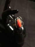 Oval 15x7mm Coral Cabochon Center Filigree & Feather Decorated Split Shank Old Pawn Native American