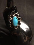 Oval 15x7mm Turquoise Cabochon Center w/ Scallop Edged Halo Old Pawn Native American Sterling Silver
