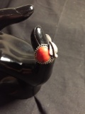 Round 13mm Coral Cabochon Center Feather & Rope Detailed Handmade Old Pawn Native American Signed