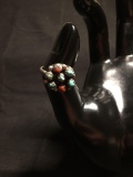 Round 15mm Diameter Top w/ Five Turquoise & Two Coral Cabochon Centers Old Pawn Native American