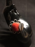 Round 25mm Diameter Feather & Scallop Detailed Feature w/ Round 15mm Polished Coral Cabochon Old